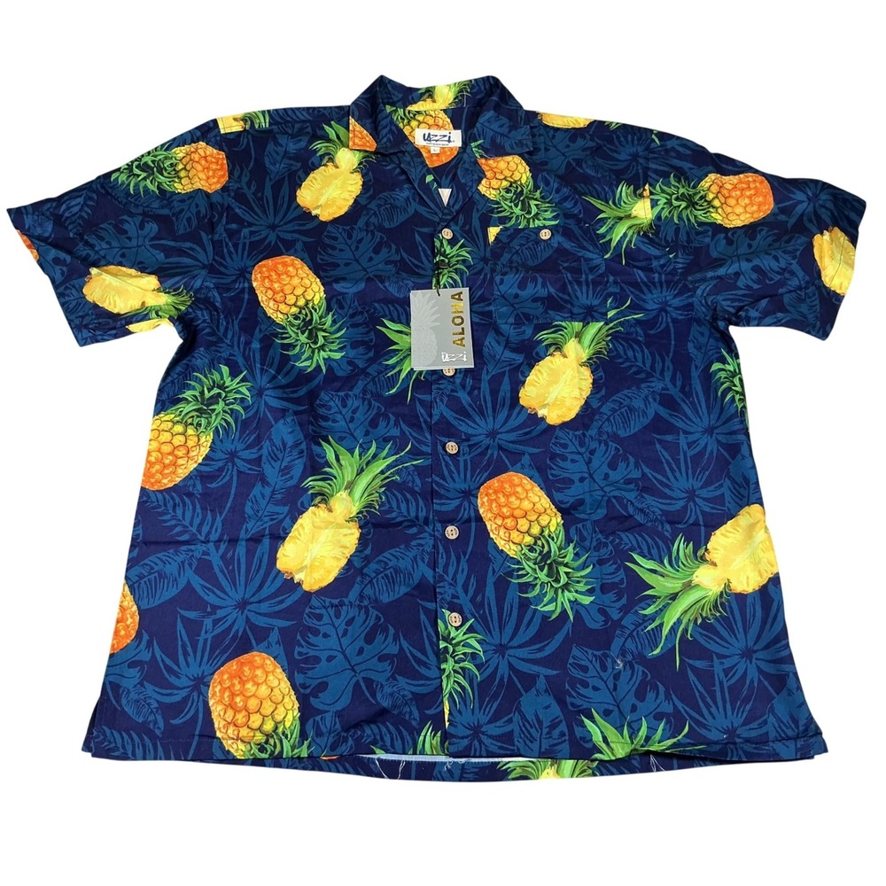 Uzzi Aloha Hawaiian Pineapple Button Front Shirt Men's Large Blue Tropical NWT